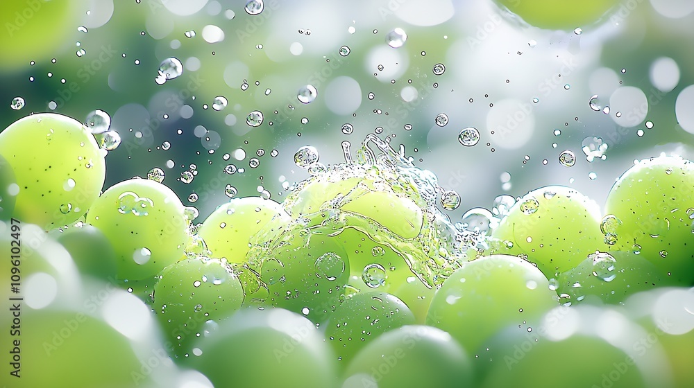 Poster dynamic splash of fresh green grapes with water droplets : generative ai