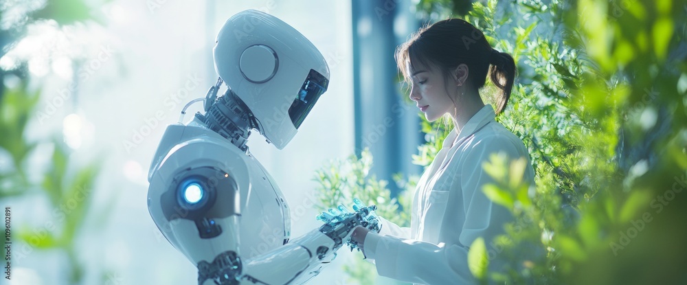 Poster a human interacts thoughtfully with a small robot in a vibrant indoor garden filled with greenery. s