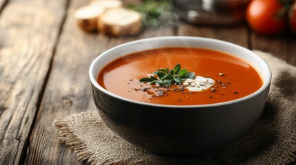 Fresh Tomato Soup with Herbs and Seasoning in Rustic Setting
