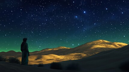 Fototapeta premium Digital Painting of a Lone Figure Contemplating a Starry Desert Night