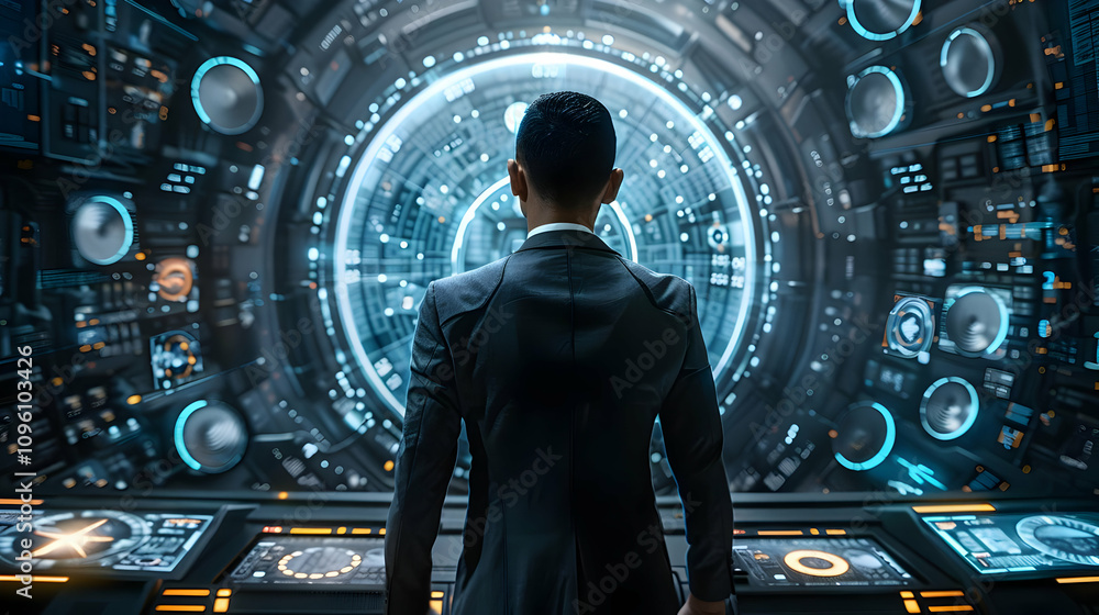 Poster futuristic businessman observes 3d data visualization on a sci-fi control panel interface