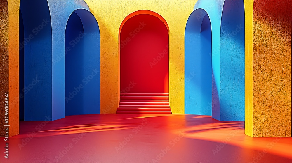 Poster bold architectural design with colorful arched interior and shadows : generative ai