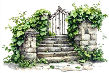 Naklejka premium A charming stone staircase adorned with lush green ivy leading to an ornate wrought iron gate, evoking tranquility and timeless beauty.
