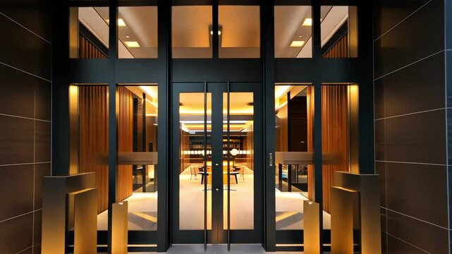 Modern hotel entrance with sleek design and warm lighting, welcoming guests with elegance and style.