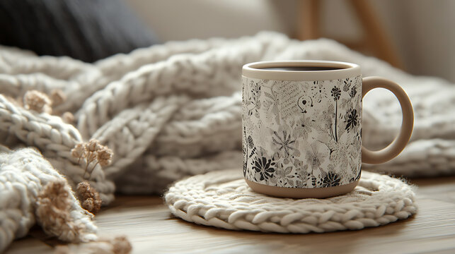 Close-up of a custom ceramic mug with a personalized design, filled with hot coffee, resting on a knitted coaster beside a warm blanket 