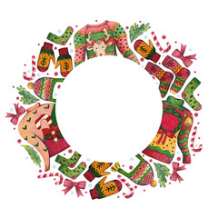 Ugly Christmas sweaters, hat, socks and mittens in a round frame. Watercolor illustration with place for text