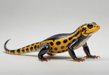 Obraz premium standard Fire Salamander right side view. Full figure visible, flat white background, no shadows, head and legs visible, ultra detailed, photorealistic 400mm lens, low angle 