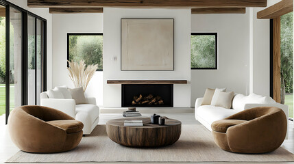 Modern Living Room Interior Design with White Sofas and Brown Armchairs Around a Wooden Coffee Table