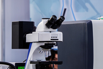 Optical microscope for research. Laboratory equipment.