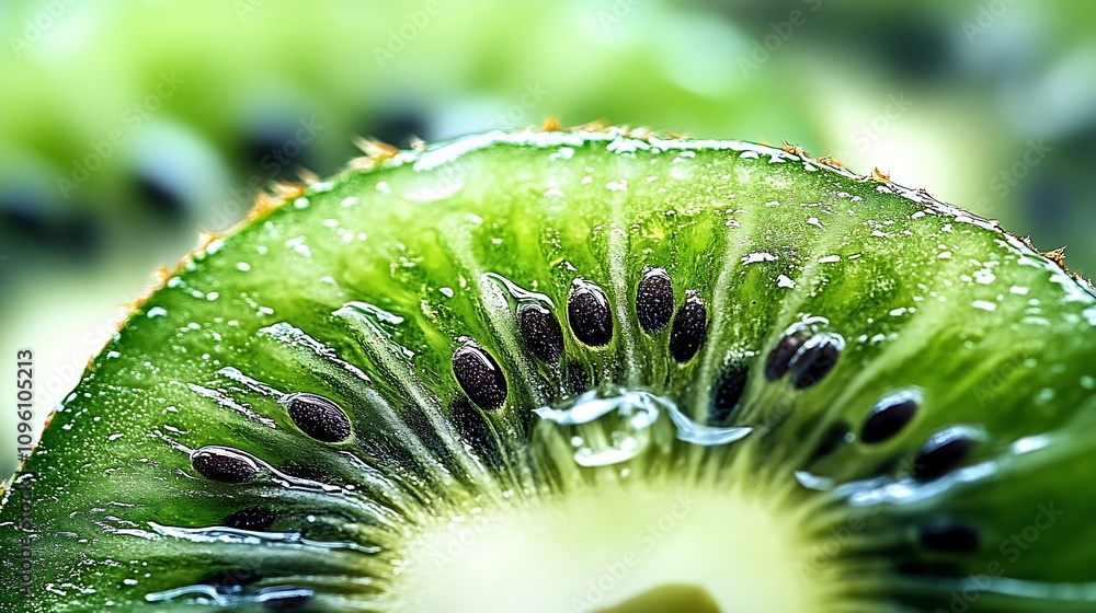 Poster closeup of fresh kiwi slice showing vibrant green and black seed details with a background blur : ge