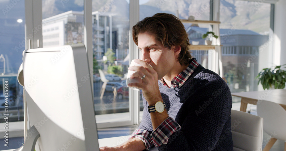 Leinwandbilder coffee, web designer or man on computer for research for creative website and digital footprint. fro