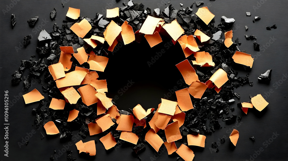 Aufkleber abstract orange and black paper shapes creating a circular frame on black background