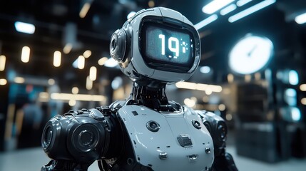 Fototapeta premium Futuristic Robot with Display Screen Shows Number 19, in Industrial Setting, 3D Render