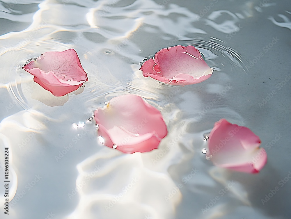Aufkleber serene pink rose petals gently floating on a reflective water surface : generative ai