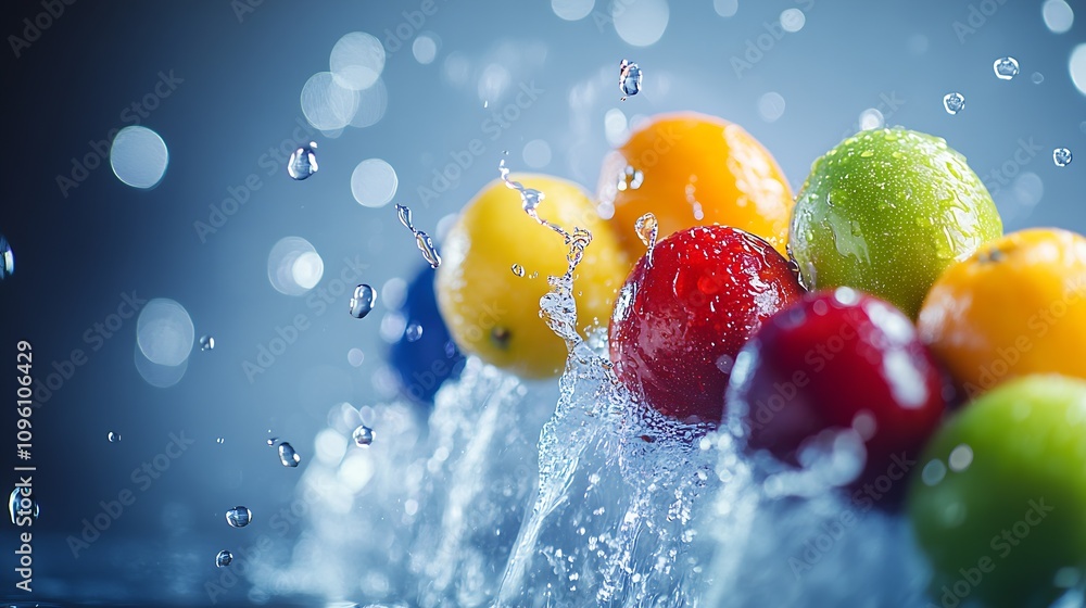 Poster Vibrant Assorted Fruits Splashing Dramatically in Water with Dynamic Motion : Generative AI