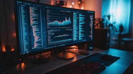 Modern Workspace with Coding Screens and Technology