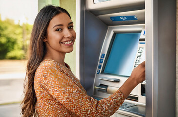 a smiling young latin woman withdrawing money from the ATM in summer