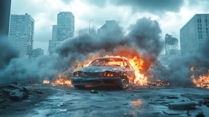 Burning Car Amidst Urban Destruction and Smoke