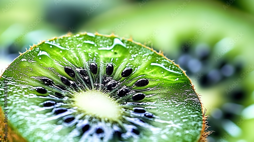Aufkleber macro closeup of freshly cut kiwi fruit revealing seed patterns and vivid green with background blur