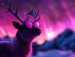  Stylish deer wearing sunglasses against a vibrant aurora background. © ธนากร บัวพรหม