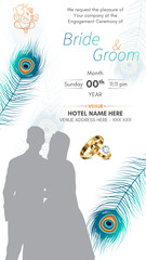 Elegant Indian Engagement Invitation Card with Peacock Feather, Ganesha Symbol, and Couple Silhouette – Editable Wedding Invite Template
