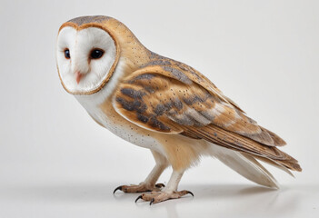  standard Barn owl right side view. Full figure visible, flat white background, no shadows, head and legs visible, ultra detailed, photorealistic 400mm lens, low angle 