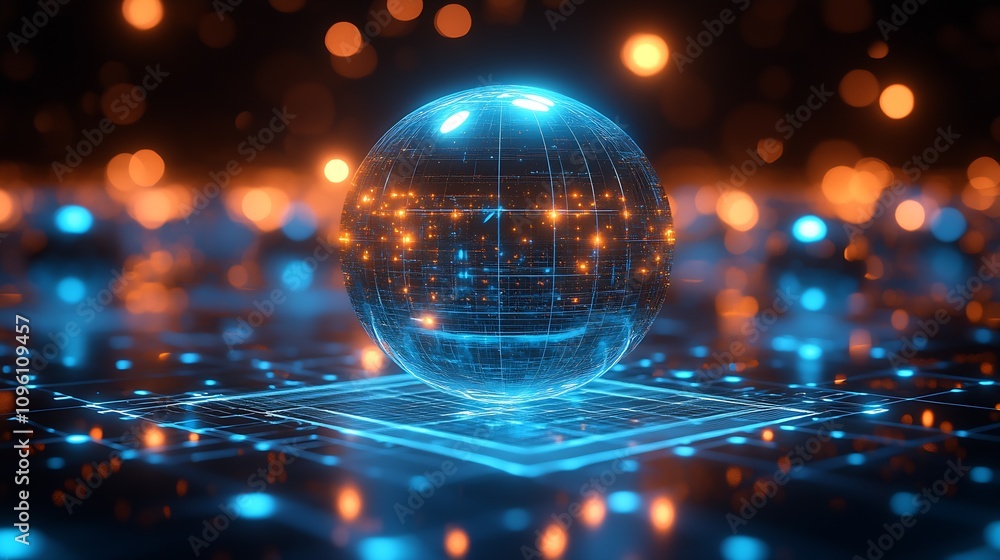 Poster Glowing Digital Sphere on Circuitry Background with Network Nodes : Generative AI