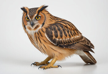  standard Buffy fish owl right side view. Full figure visible, flat white background, no shadows, head and legs visible, ultra detailed, photorealistic 400mm lens, low angle 
