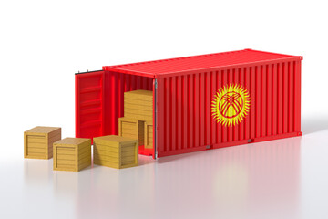 Cargo Container with Kyrgyzstan Flag Being Unloaded with Wooden Crates on White Background