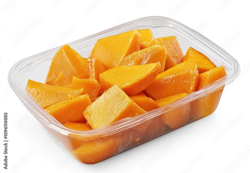Poster a clear container filled with neatly cut pieces of ripe mango.
