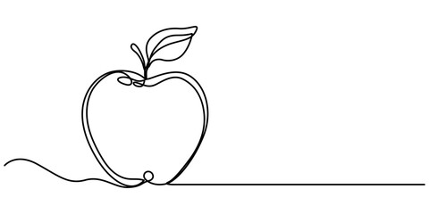 A simple continuous line drawing of an apple on a uniform white background, Continuous one single line art drawing of apples icon organic food vector, continuous line drawing of apple fruit. one line 