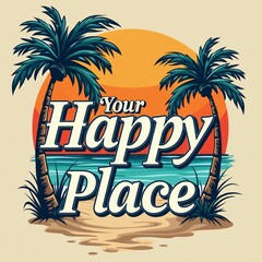 Naklejka premium Palm Trees Beach Sunset Happy Place T-Shirt Design