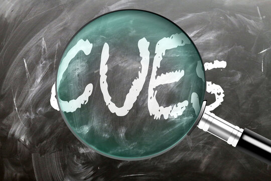 Cues - learn, study and inspect it. Taking a closer look at cues. A magnifying glass enlarging word 'cues' written on a blackboard ,3d illustration