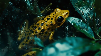 A vibrant yellow frog with black spots among lush green foliage in a natural habitat.