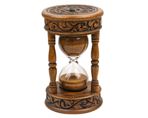a wooden hourglass with a white background