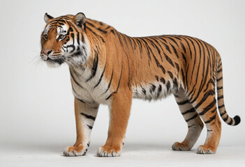Obraz premium standard Tiger right side view. Full figure visible, flat white background, no shadows, head and legs visible, ultra detailed, photorealistic 400mm lens, low angle 