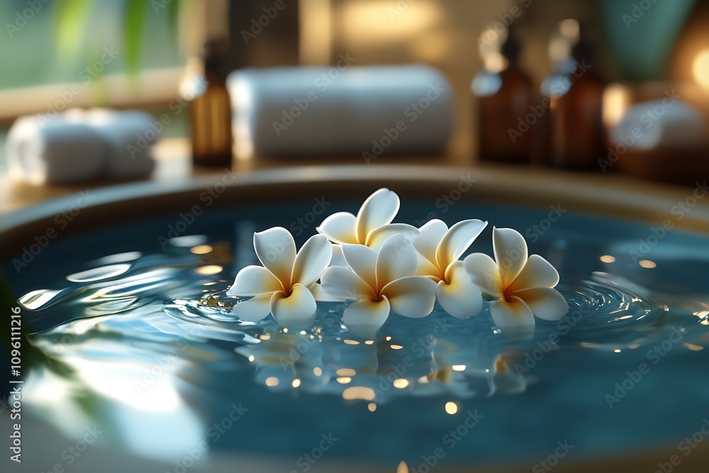 Poster luxury spa setting with frangipani flowers floating in tranquil water : generative ai