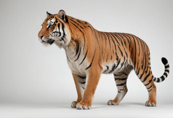 Obraz premium standard Bengal tiger right side view. Full figure visible, flat white background, no shadows, head and legs visible, ultra detailed, photorealistic 400mm lens, low angle 
