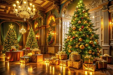 Golden Christmas Elegance: Luxurious Gifts & Pine Decor - Architectural Holiday Photography