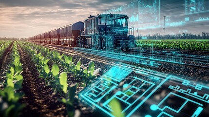 Futuristic digital interface overlaying a train in a lush green agricultural scene : Generative AI