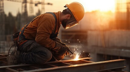 Fototapeta premium Man in workwear welding metal structures under warm sunlight at a bustling construction site, showcasing craftsmanship and focus