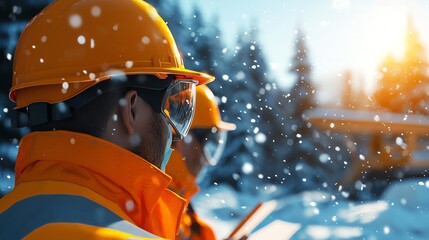 Construction worker in snow, wearing safety gear, looking at work site.