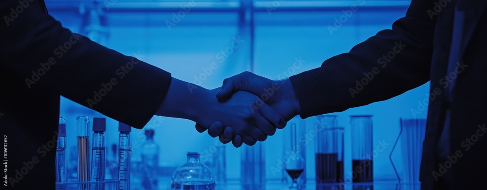 Aufkleber two hands shaking in a laboratory setting, symbolizing collaboration in science.