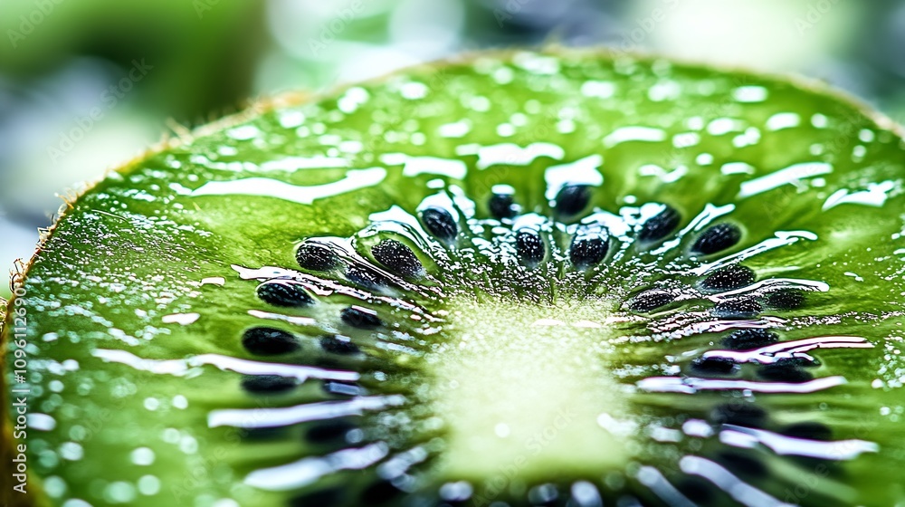 Poster Detailed Macro of Kiwi Slice with Shiny Skin and Seed Clusters in a Lush Green with Background Blur : Generative AI
