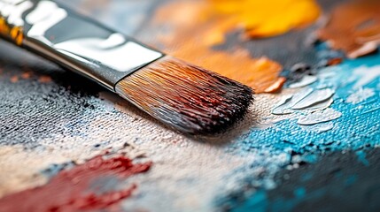 Fototapeta premium Vibrant paintbrush close up on multicolor canvas blending creativity in the art studio : Generative AI