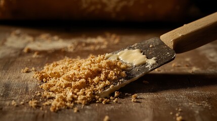 A close-up shot of a metal spatula with a wooden handle covered in crumbs and a dollop of butter on a wooden surface.