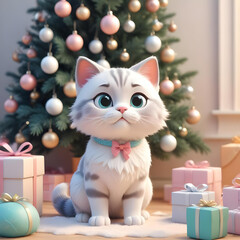 cat near the Christmas tree