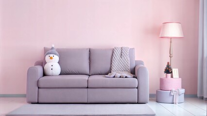 Cozy living room with soft pastel sofa, cute snowman decoration, and warm lamp