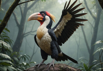 complex photorealistic of Hornbill,in the jungle , aggression, hyper realistic scene, detailed focus, epic fantasy scene, vivid colors, Enchanted Masterpiece, Fantasy core, Award-Winning, Masterpiece