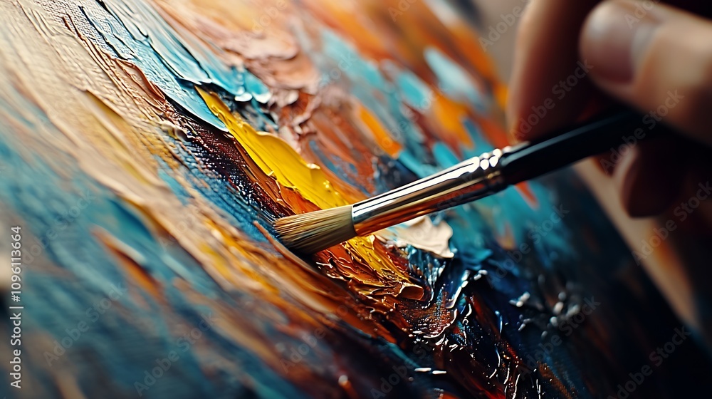 Poster Dynamic Brushstroke with Colorful Abstract Painting Closeup on Canvas : Generative AI